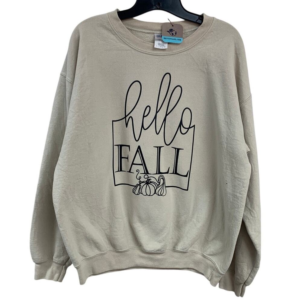 Upcycled Handprinted Womens Large Hello Fall Pumpkin Long Sleeve Sweatshirt